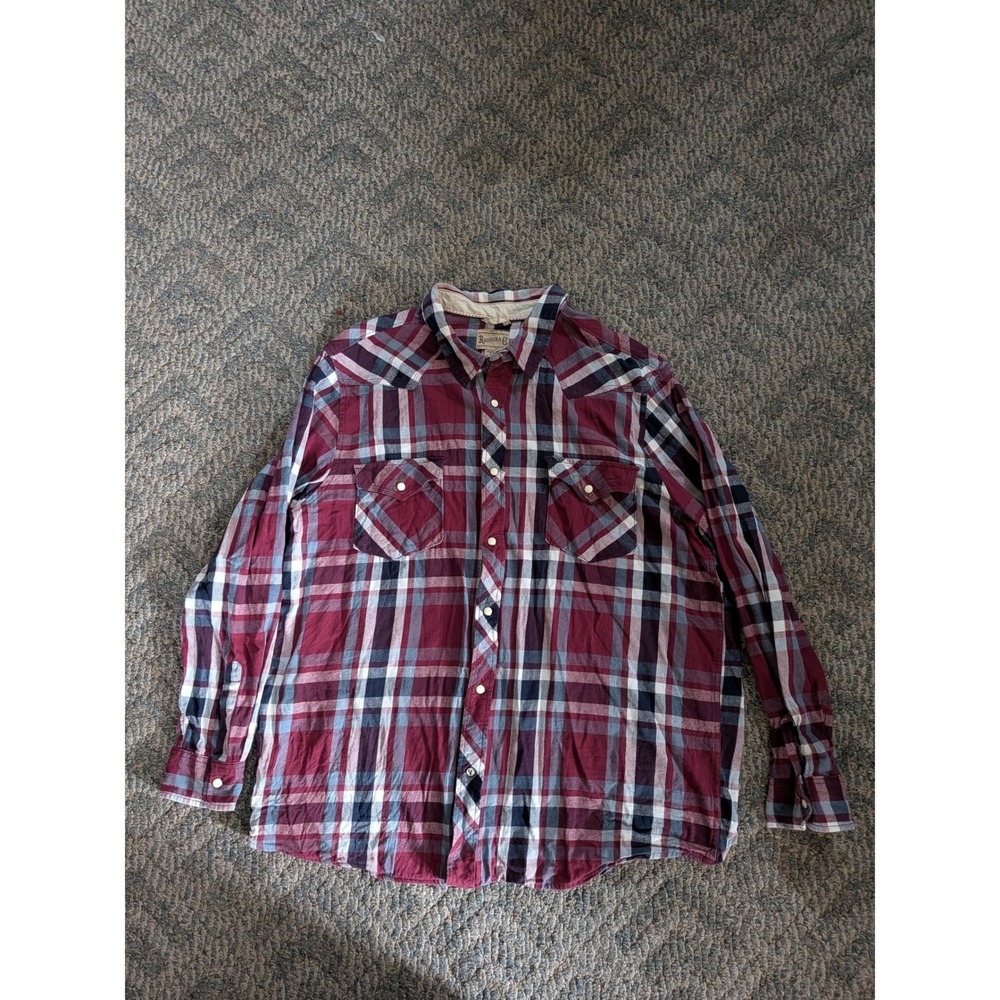 Roebuck & Co Mens XXL Western Plaid Button Down Shirt Burgundy Cotton LongSleeve